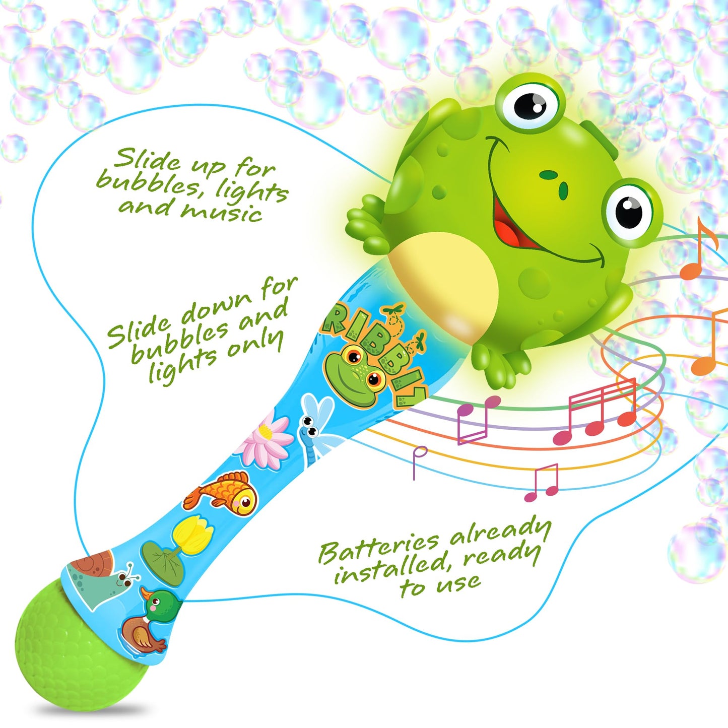 ArtCreativity Frog Bubble Wand - Handcrafted Frog Toys with Bubbles Refill Solution  Stickers  Music & Lights - Kids Summer Outdoor Activity - Birthday Party Favors - Bubble Blower Machine