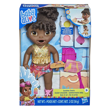 Baby Alive Sunshine Snacks Doll - 13" Summer Waterplay Baby Doll, Black Hair, Plastic, Model F1682, Fun Ice Pop Mold for Kids 3+