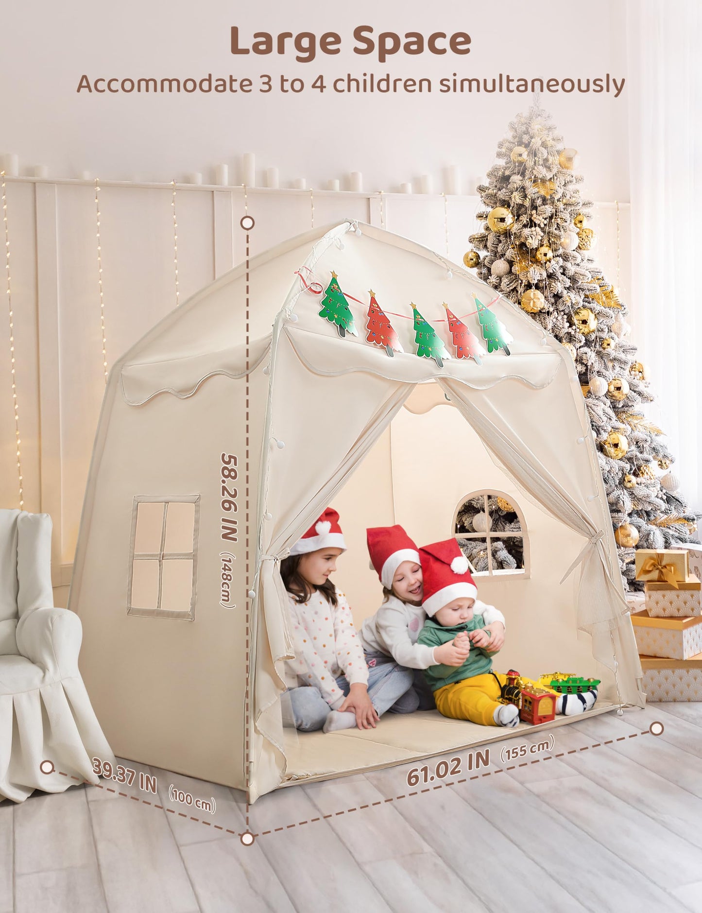 Besrey Large Kids Play Tent With Christmas Tree Flags & Lights, Kids Tent Indoor, Toddler Tent For Boys&Girls, For Kids, Great K