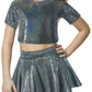 Happy Cherry 2Pcs Kids Girls Shiny Metallic Short Sleeve Crop Top With Pleated Skirt Set Dancewear Performance Costumes Black 10