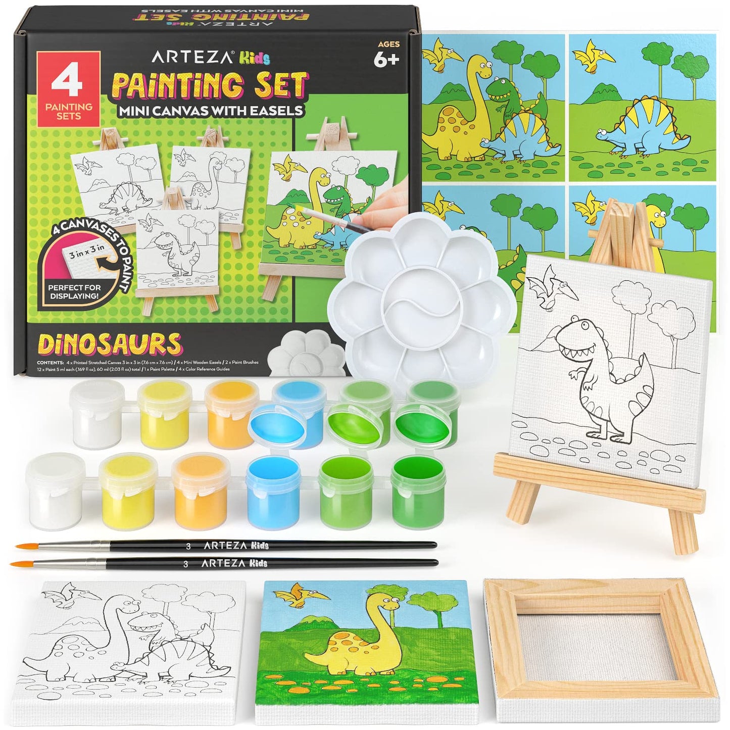 Arteza Kids Dinosaur Painting Kit, 4 Canvases 3 X 3 Inches, 4 Easels, 12 Acrylic Paints, 2 Paint Brushes, 1 Palette, Kids Activities For Ages 6 And Up