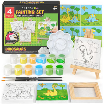 Arteza Kids Dinosaur Painting Kit, 4 Canvases 3 X 3 Inches, 4 Easels, 12 Acrylic Paints, 2 Paint Brushes, 1 Palette, Kids Activities For Ages 6 And Up