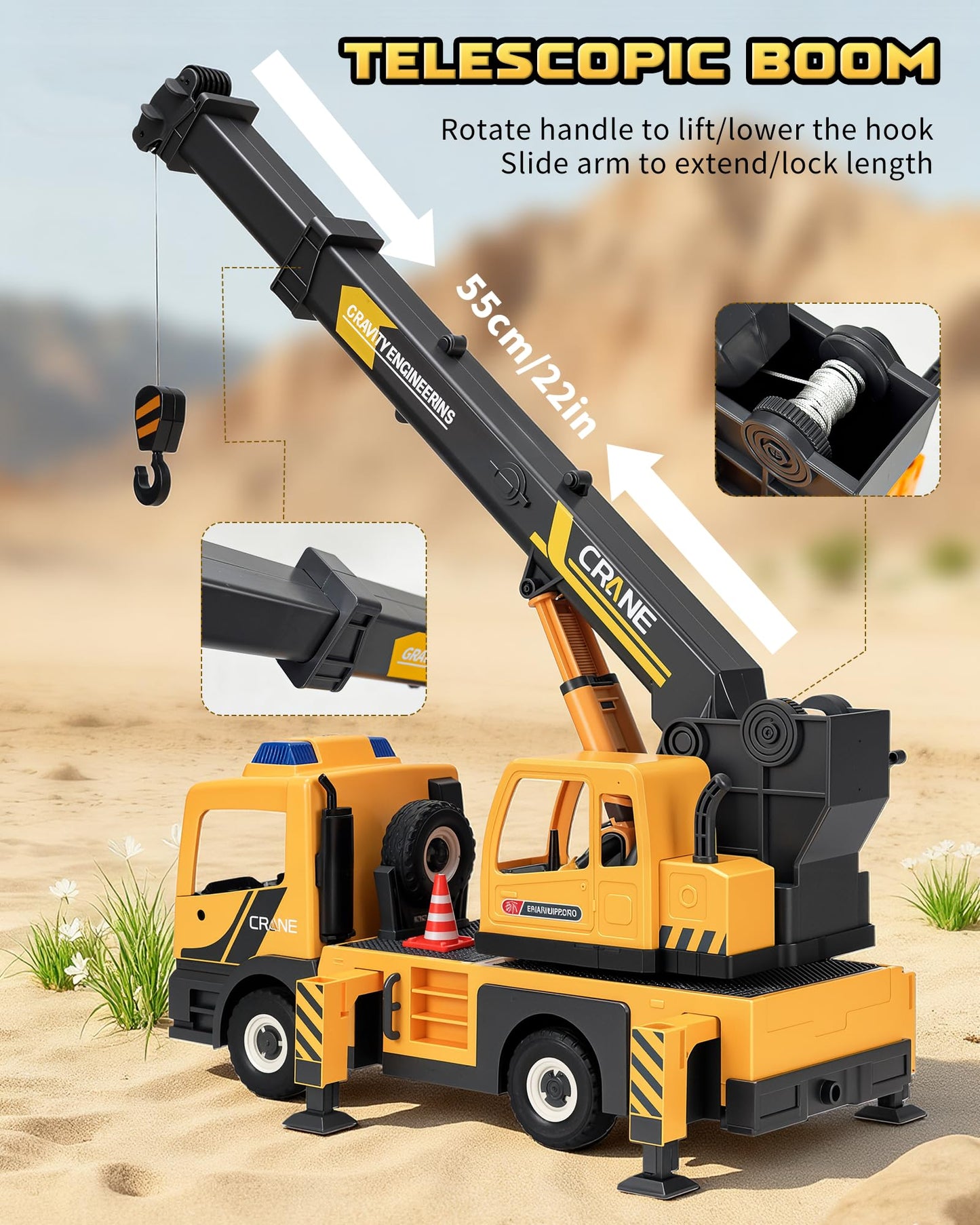 Coroiesty Large Crane Truck Toy - Extendable Arm, Lights & Sirens, Plastic, Yellow, Model QL888-20 for Kids 3-8 Years Old