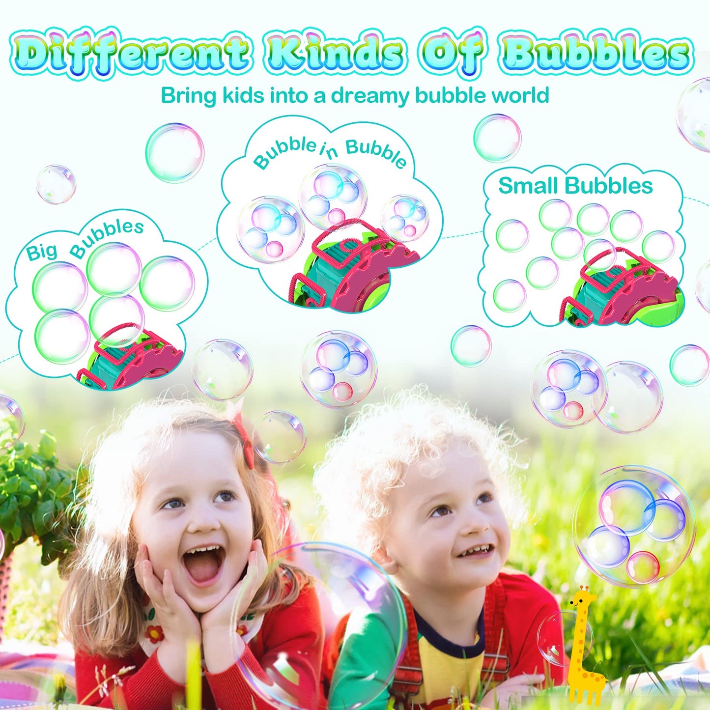MAKE KIDS SMILE BUBBLE FUN Bubble Machine - Green, 8oz Solution, Indoor/Outdoor Toy, Extra Large Bubbles, Model DHOBB10584