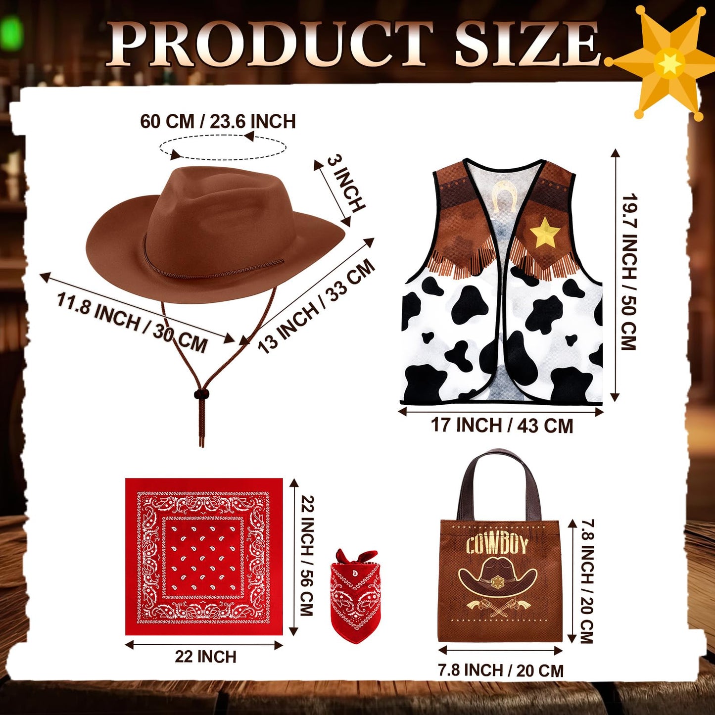 Toulite 24 Pcs Cowboy Cowgirl Hats Pack Cowboy Costume Outfit Include 6 Hats 6 Vest 6 Bandanas 6 Bags for Kids Party(Brown)