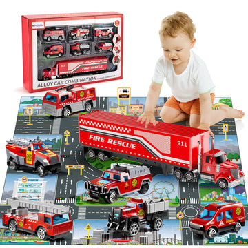 Niplooow Fire Toys For 3 4 5 6 Years Old Boys Girls Kids, Die Cast Metal Fire Truck Toys W/Play Mat, Rescue Emergency Fire Truck
