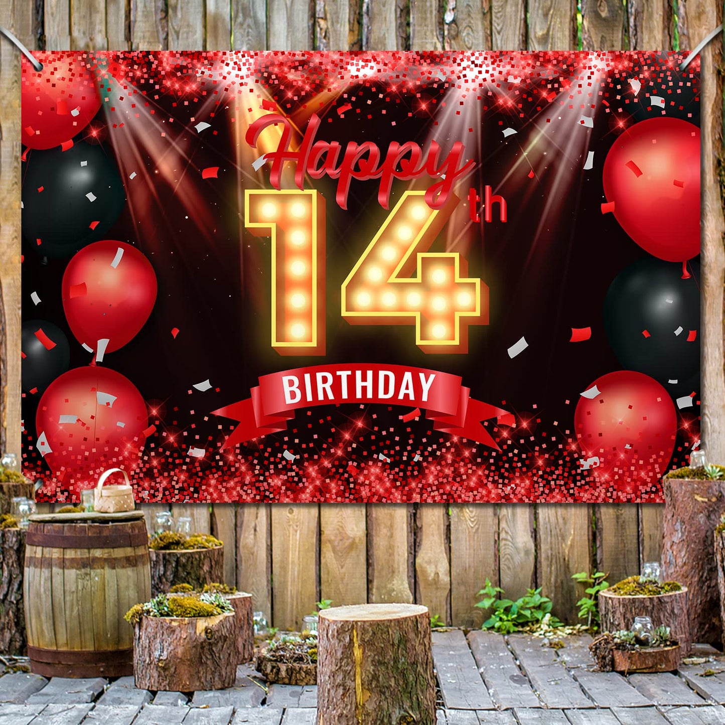 Yikki Happy 14th Birthday Banner Backdrop, Red and Black, Polyester, 14 Years Old Decorations for Boys and Girls