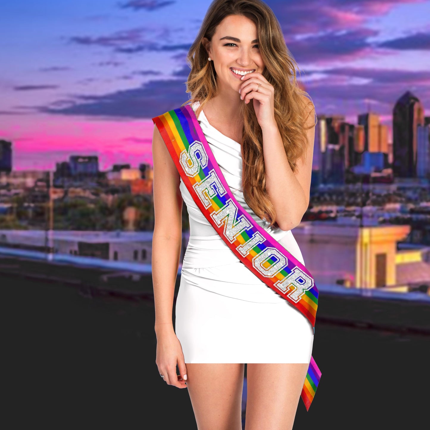 Rhinestonesash Senior Sash Rainbow - Silver Sparkle Senior Rainbow Premium Grade Satin Sash - Gay Pride Graduation Gift - Rainbo