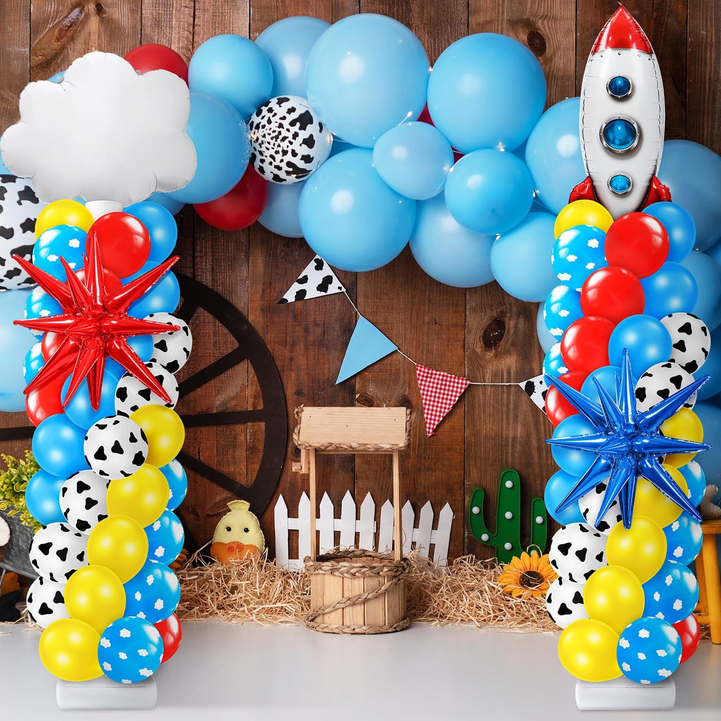 Kasyat Cartoon Party Balloon Column Stand Kit - 2 Sets, Toy Size, Colorful Rocket & Cow Print Balloons for Baby Shower Decorations