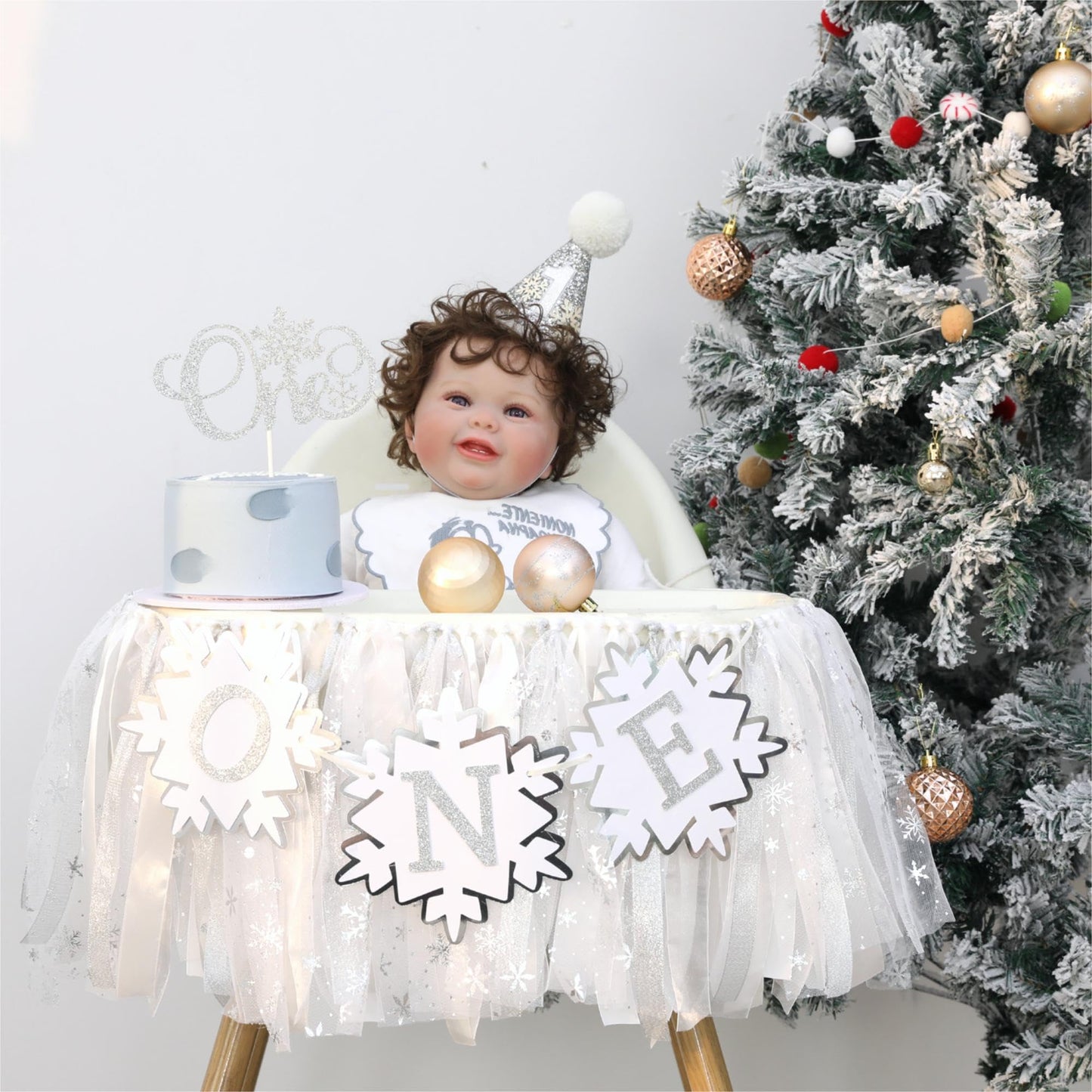 HODIHIWI Snowflakes One First Party Decorations White High Chair Banner 1st Crown Cake Topper 1st Birthday Decor