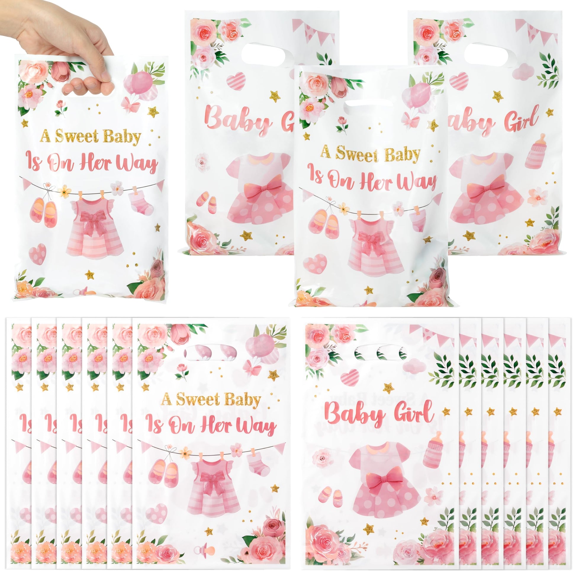 ArianQicult 50Pcs Pink Floral Baby Shower Party Favor Bags, A Sweet Baby is on Her Way Goody Treat Bags, Its a Girl Pink Plasti