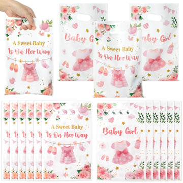 ArianQicult 50Pcs Pink Floral Baby Shower Party Favor Bags, A Sweet Baby is on Her Way Goody Treat Bags, Its a Girl Pink Plasti