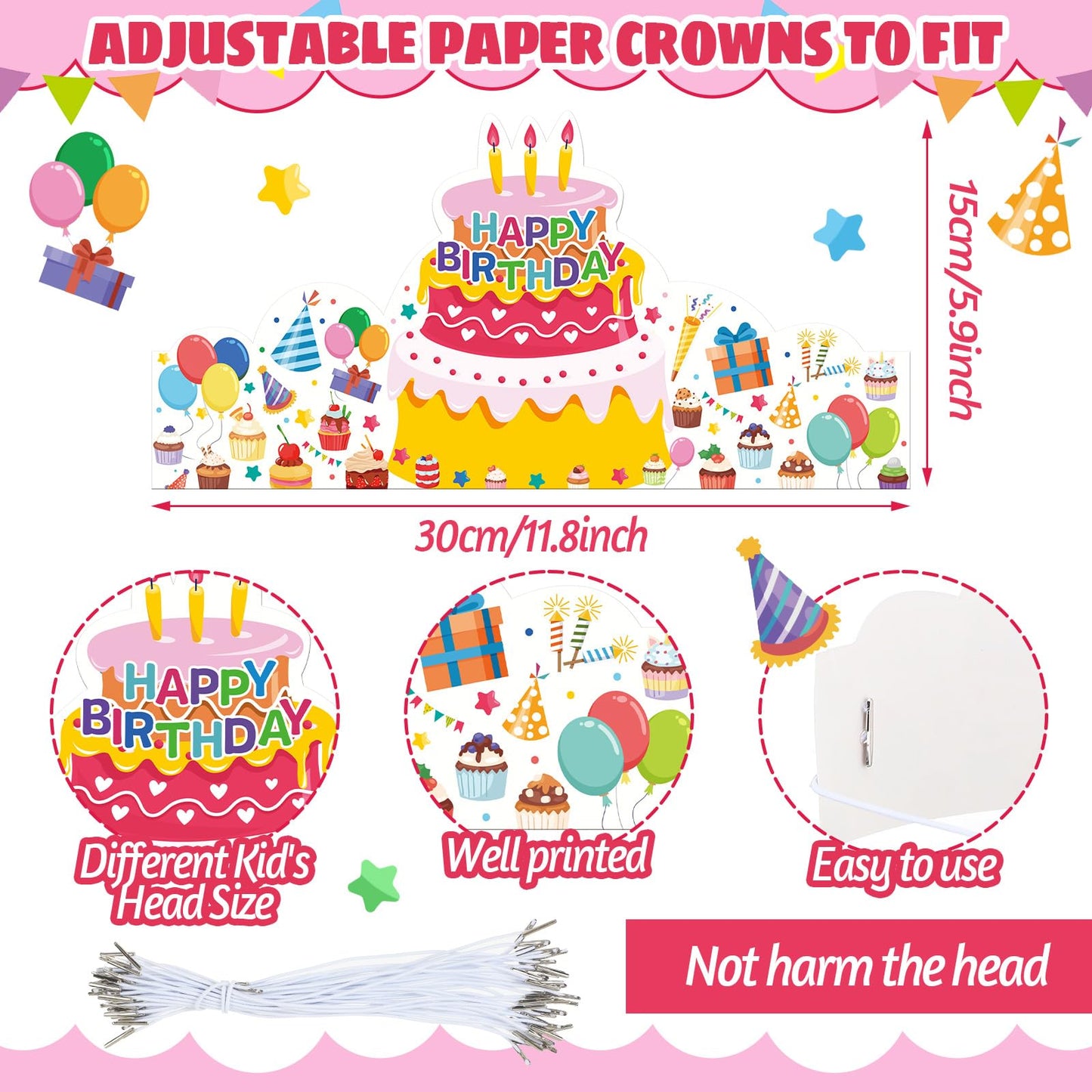 Outus 42 Pack Happy Birthday Crowns for Kids Classroom with Elastic Band for Teachers Students Kindergarten Party(Vivid Style)