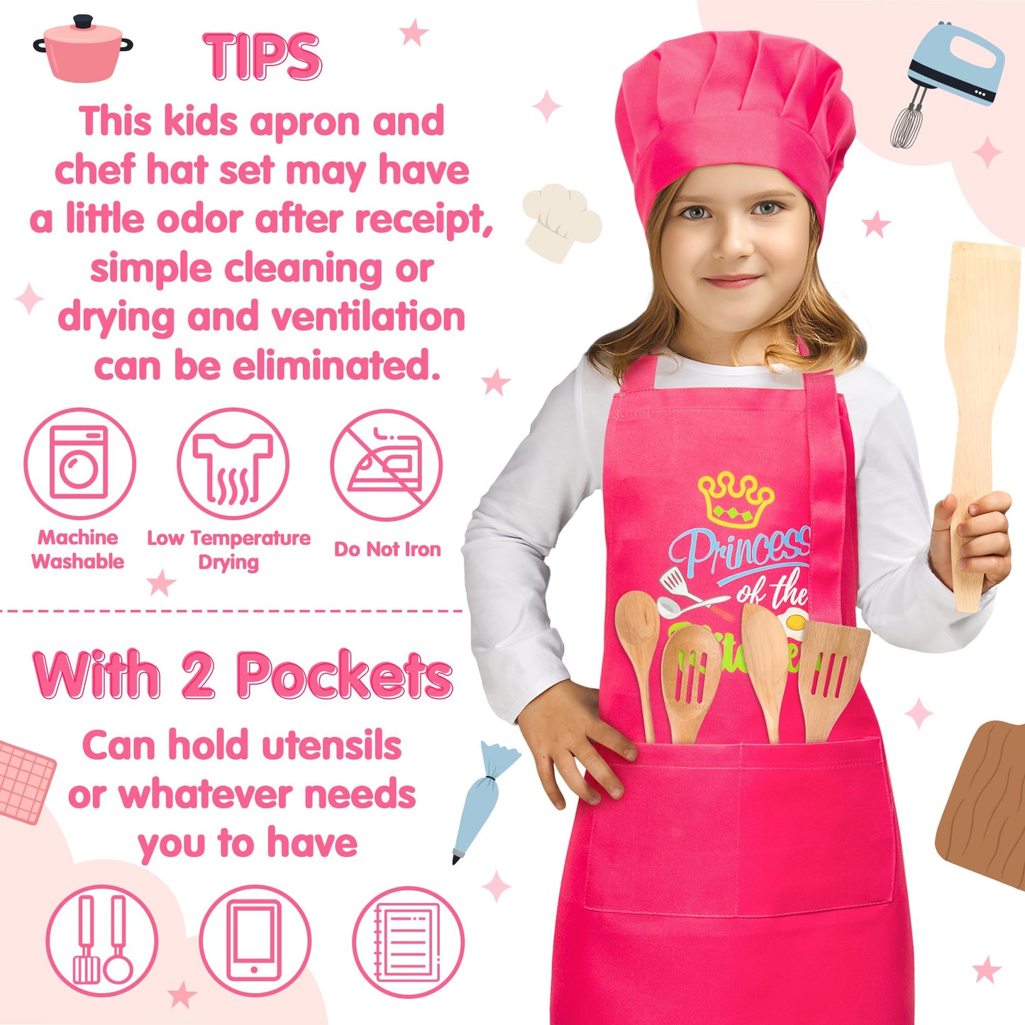R HORSE 2 Pcs Kid Apron and Chef Hat Set, Rose Red Adjustable Children Kitchen Apron Role Play Chef Toy Cooking Baking Painting