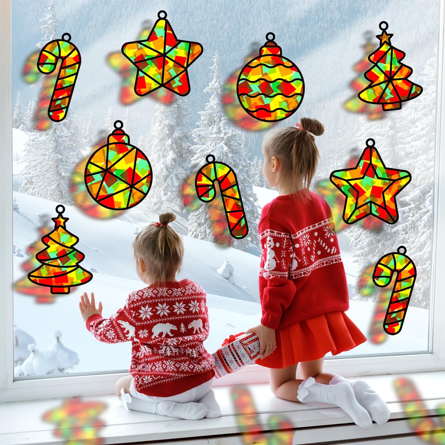 QOUBAI 32 Sets Christmas Suncatchers Craft Kit DIY Colorful Stained Glass Paper Crafts for Kids - Model QB1181