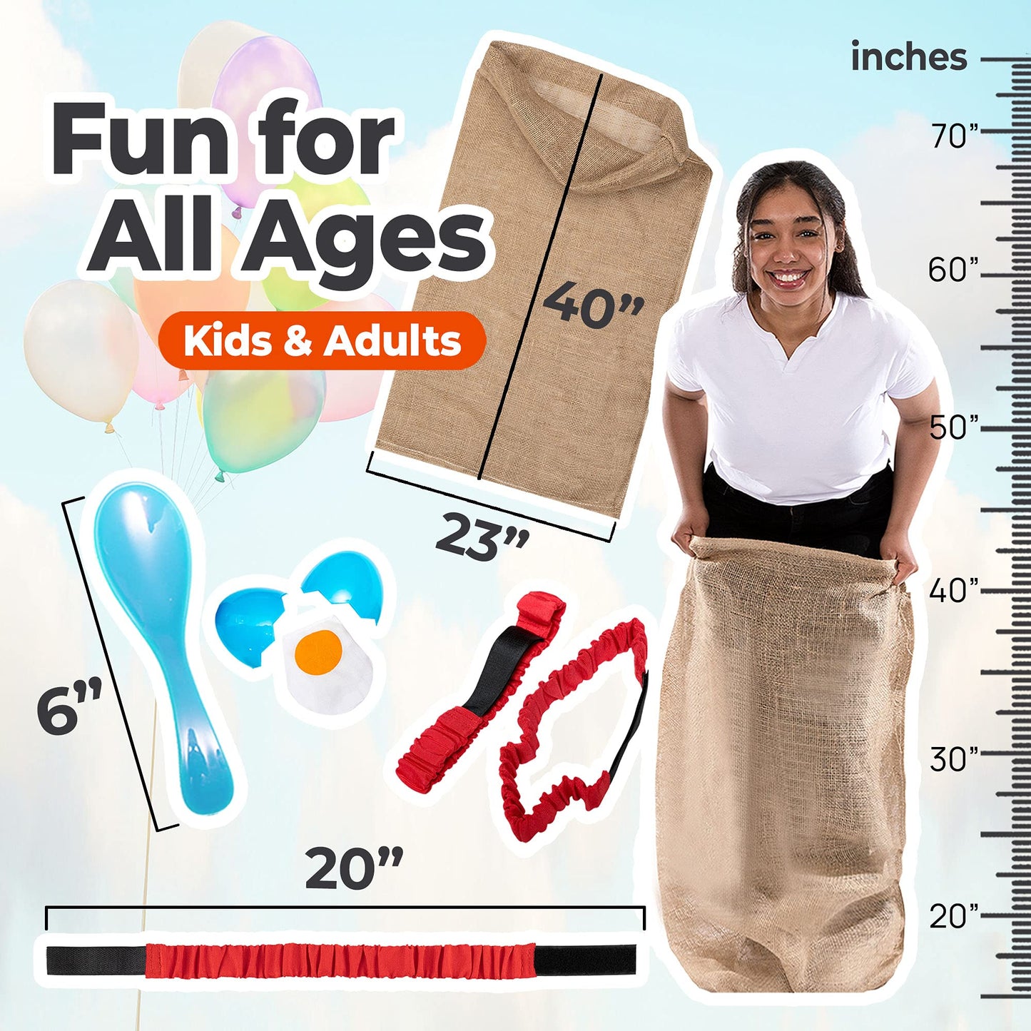 Outdoor Field Day Games  Potato Sack Race Bags for Kids and mature-themeds  Egg and Spoon Race  3 Legged Race Bands - with Storage Bag
