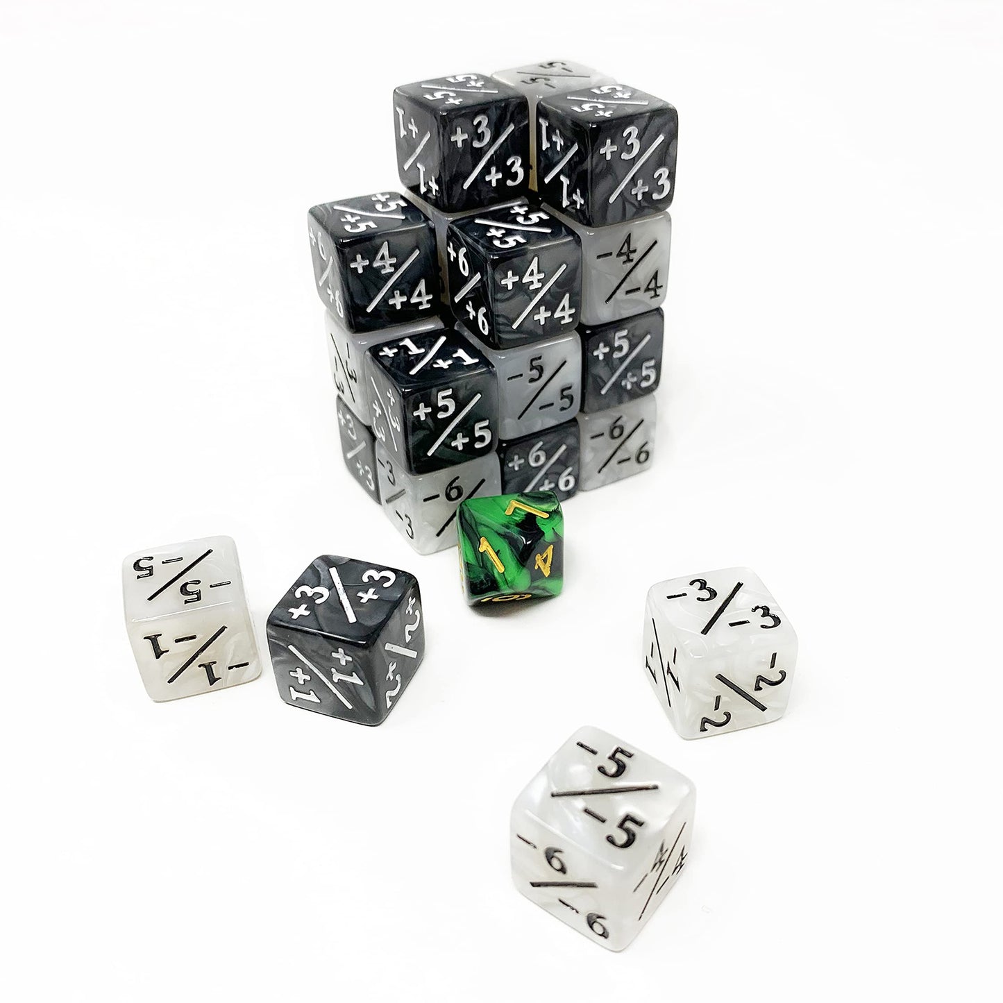 Citadel Black MTG Buff Dice Counters +1/+1 and -1/-1 Set of 25 Premium Dice - Includes Poison Dice with Velvet Drawstring Pouch,