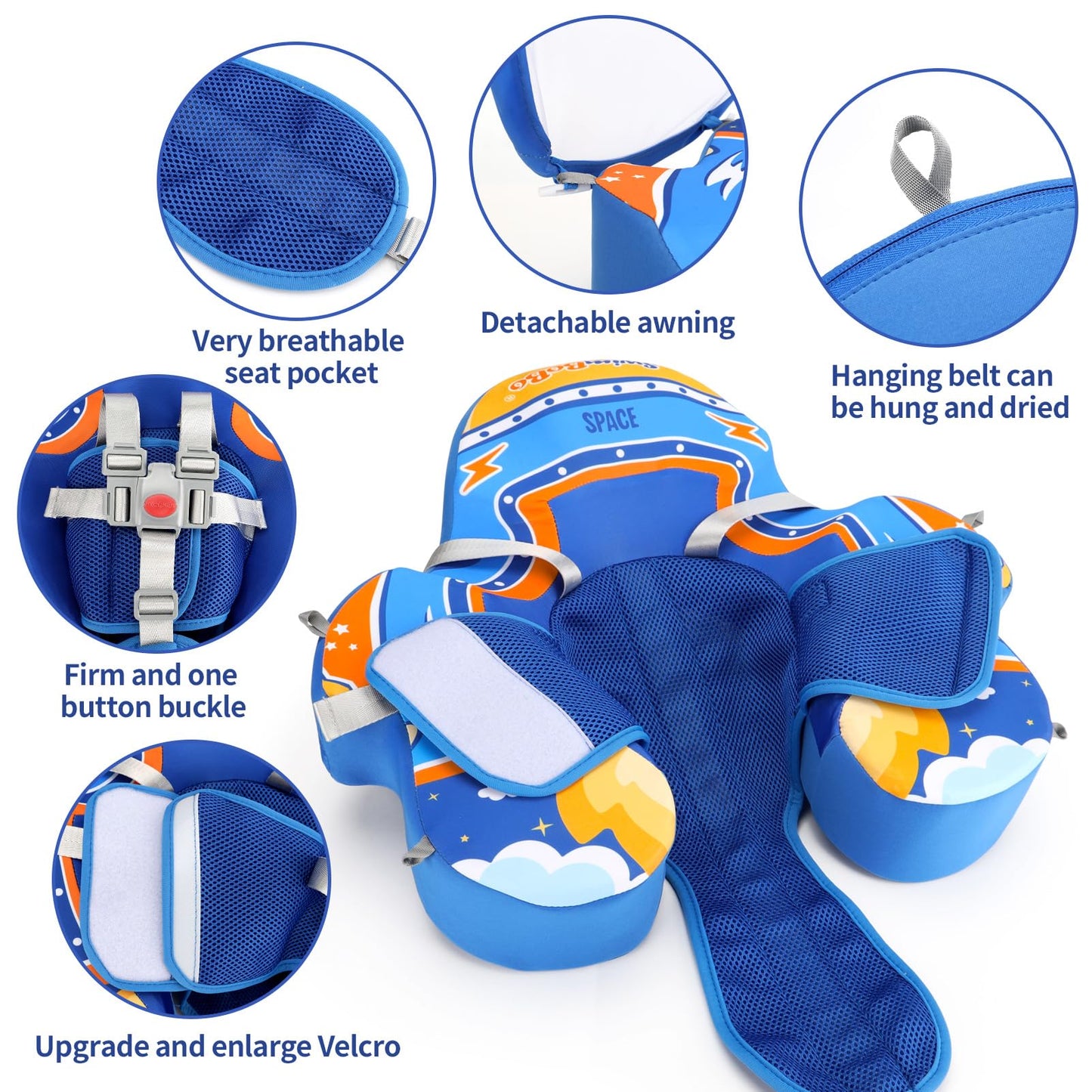 Free Swimming Baby Swimbobo Baby Float - Non-Inflatable, Soft Fabric, Large, Blue Spaceship, Model K7912PRO
