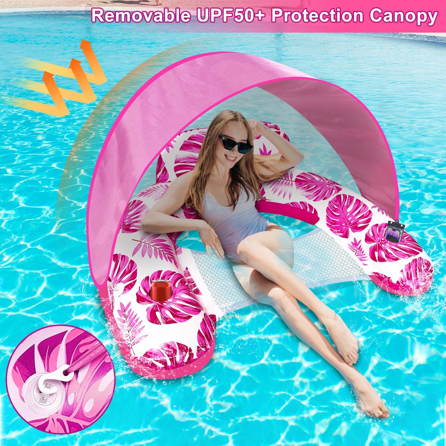 Pool Float with Canopy  Inflatable Pool Floats for mature-themed with 2 Cup Holders - XL Pool Lounger Chairs with Detachable Shade Mesh Seat & Headrest for Pool Party Beach Summer Water Fun