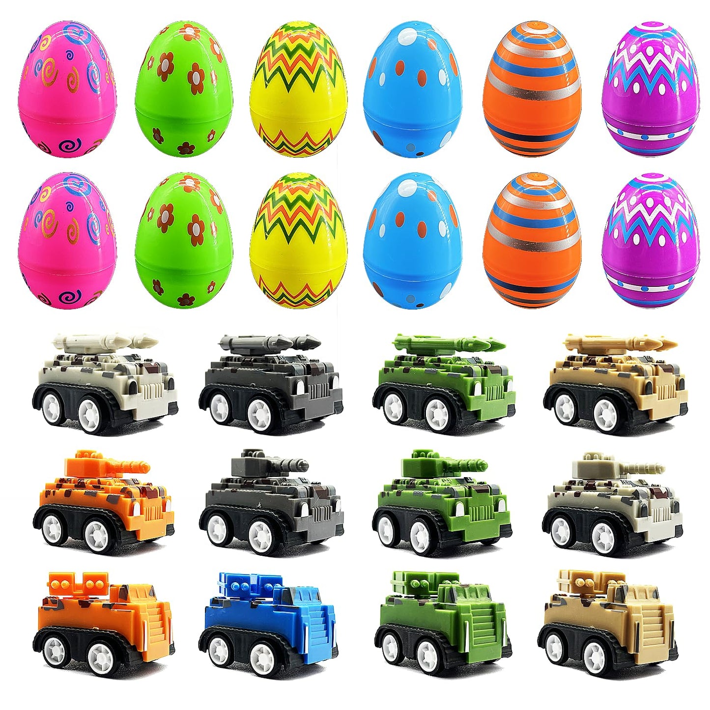 Dreamplay Car Toys Filled Easter Eggs, 12 Pcs Army Pull Back Car Toys Pre Filled Plastic Easter Eggs Bulk For Kids Toddlers