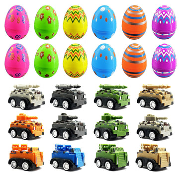 Dreamplay Car Toys Filled Easter Eggs, 12 Pcs Army Pull Back Car Toys Pre Filled Plastic Easter Eggs Bulk For Kids Toddlers