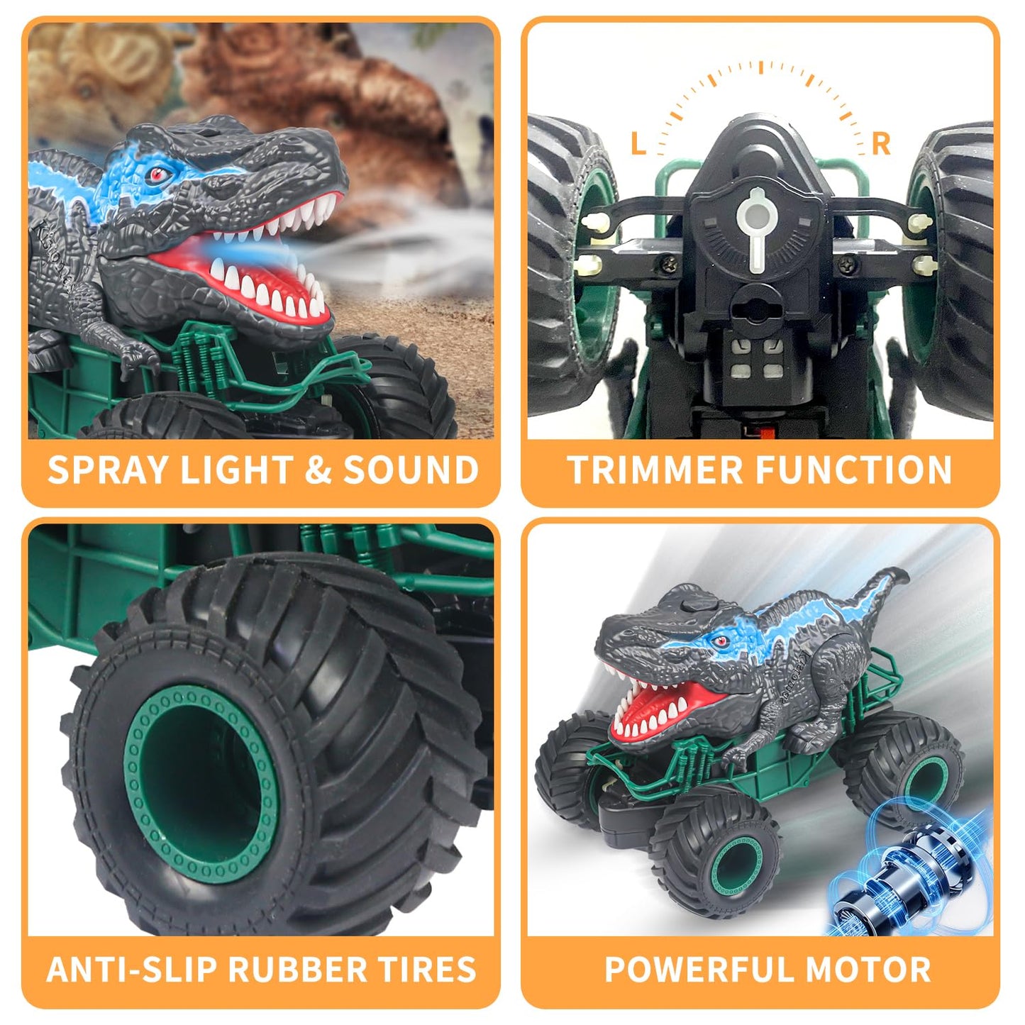 ZDCZ Dinosaur Remote Control Car, 2.4GHz RC Monster Truck Toys for Boys, Dinosaur Toys with Light, Sound & Spray, Indoor Outdoor