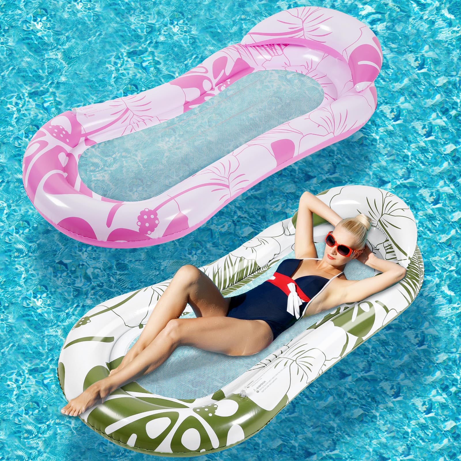Briwooody 2 Pcs Inflatable Pool Float Mat Pool Floaties Rafts with Headrest Loungers Sun Tanning Floaty for mature-themed Cool Water Hck Chair for Summer Swimming Pool Lake Beach Party Toys(Mesh)