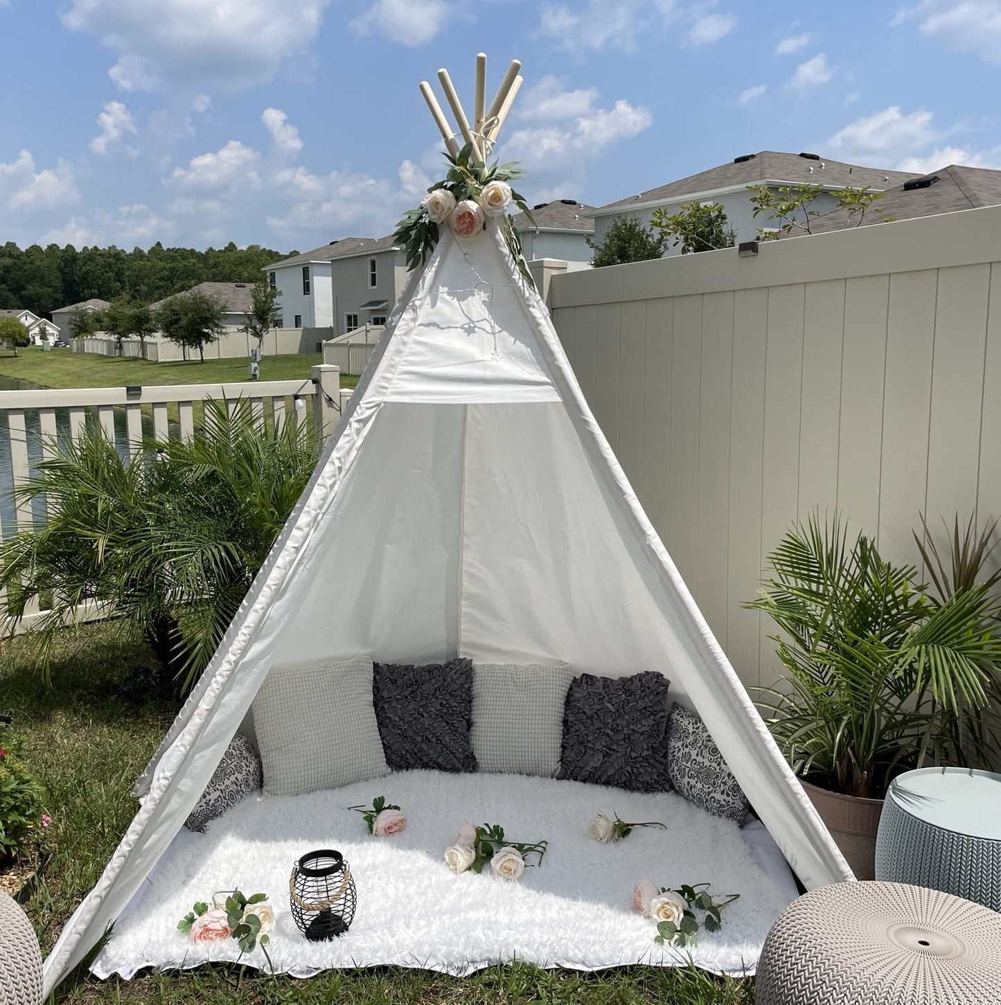Betterhood 7' Large Teepee Tent For Adults, Play Tent With Carry Bag, 5 Sides Canvas Kids Teepee Tent Indoor & Outdoor Tents For Party, Wedding, Photo Prop, White