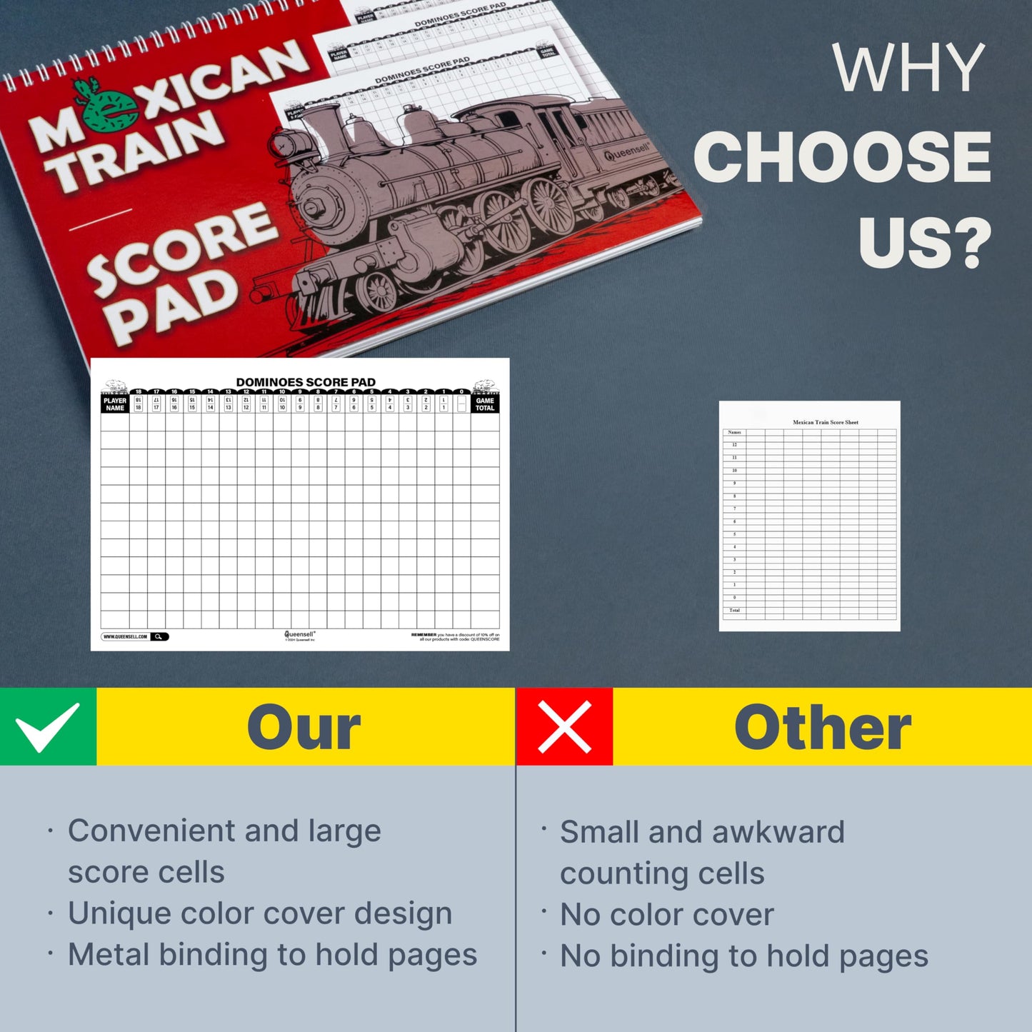 Extra Large Mexican Train Score Pads 11.3x7.9 in - 50-Page Mexican Train Accessories for Classic Domino Game - Mexican Train Score Sheets for Easy Game Tracking