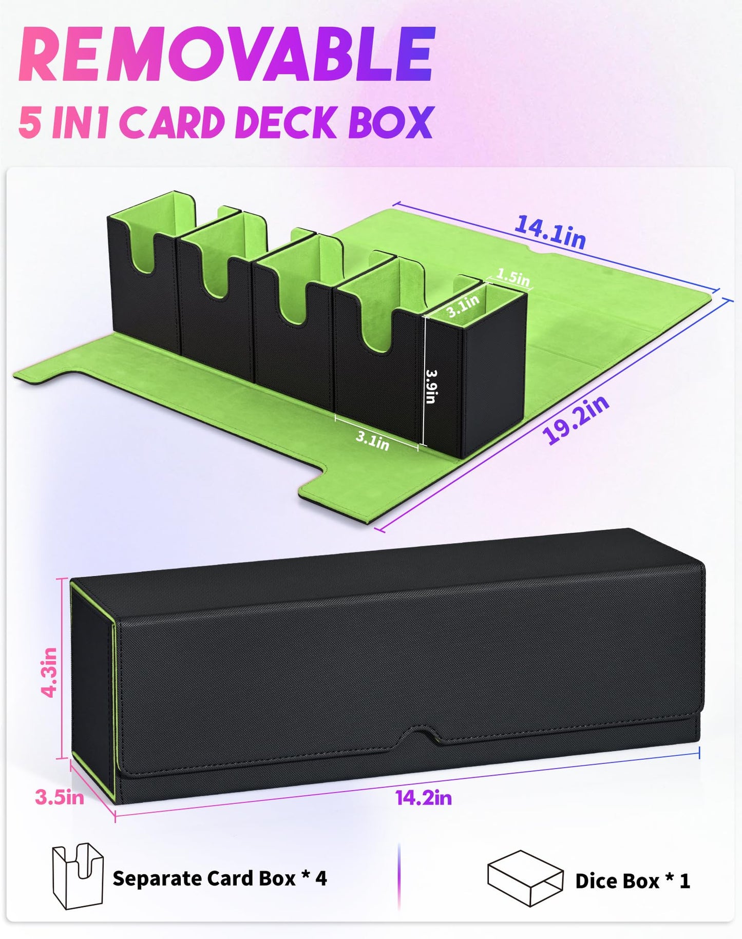 Uaono Card Deck Box With Dice Tray For Mtg, 5 In 1 Card Deck Case Holds 800+ Unsleeved Cards, Strong Magnet Card Organizer Compatible With Yugioh Tcg Sports Cards (Black Green)