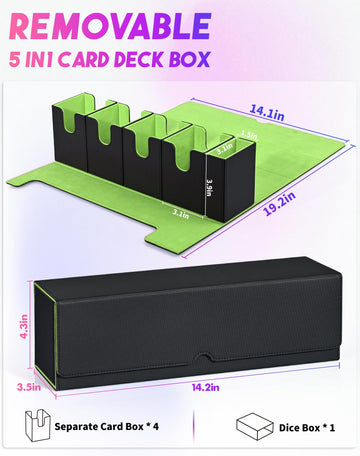 Uaono Card Deck Box With Dice Tray For Mtg, 5 In 1 Card Deck Case Holds 800+ Unsleeved Cards, Strong Magnet Card Organizer Compatible With Yugioh Tcg Sports Cards (Black Green)