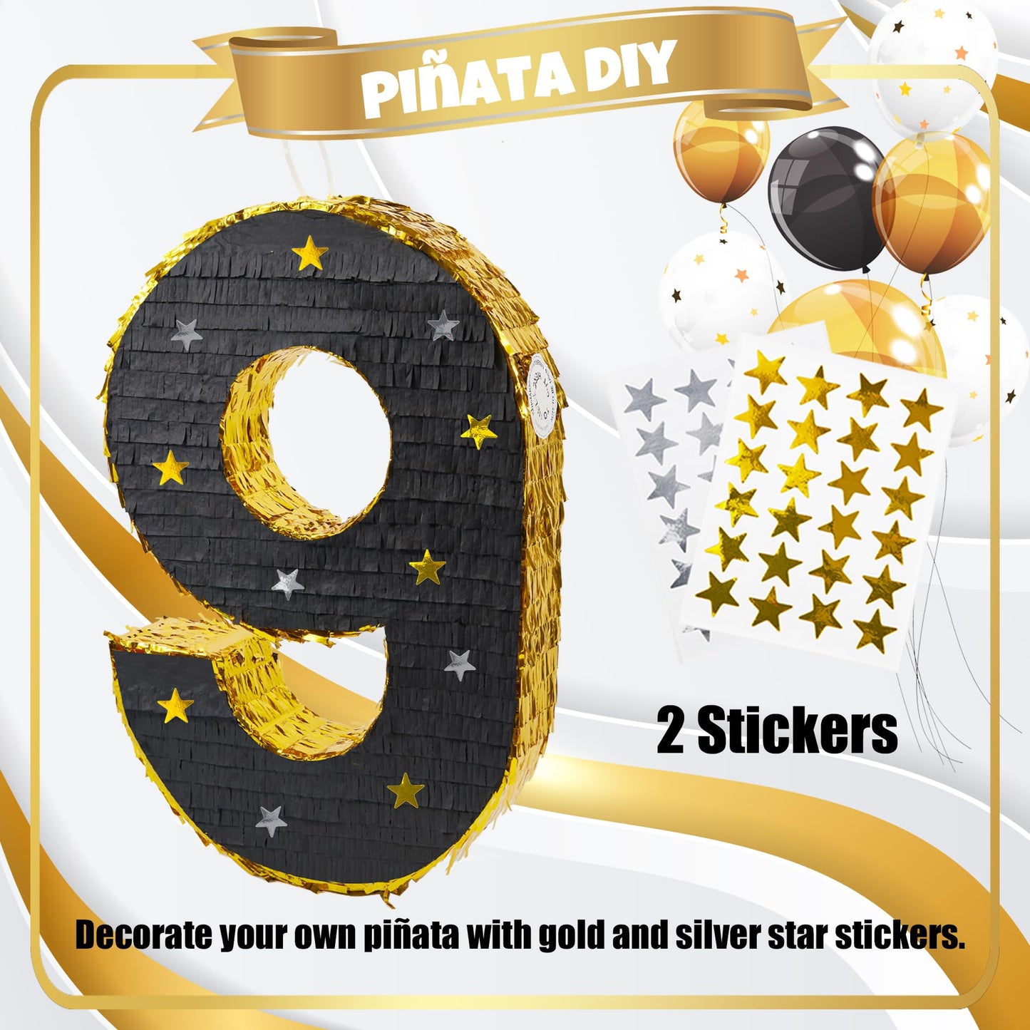 PCFING 20 Inch Number 9 Piñata - Gold & Black with Stick, Blindfold & Confetti for Birthday Parties & Celebrations