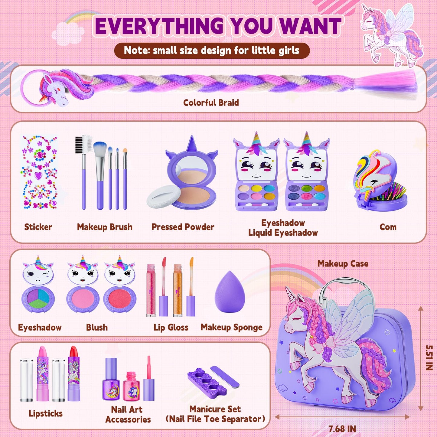 Kids Makeup Kit For Girl - Kids Makeup Girl Toys With Flying Horse Storage Case, Girl Makeup Sets Kids Toys Kids Play Makeup Set