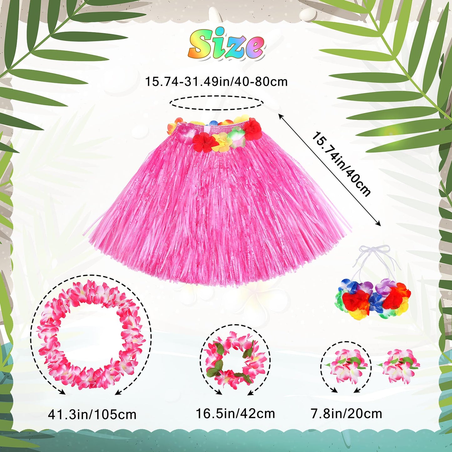 Fortuning'S Jds 40Cm Girl'S Hawaiian Hula Grass Skirt With Flowers Costume For Luau Beach Party Performance Outfits Decor