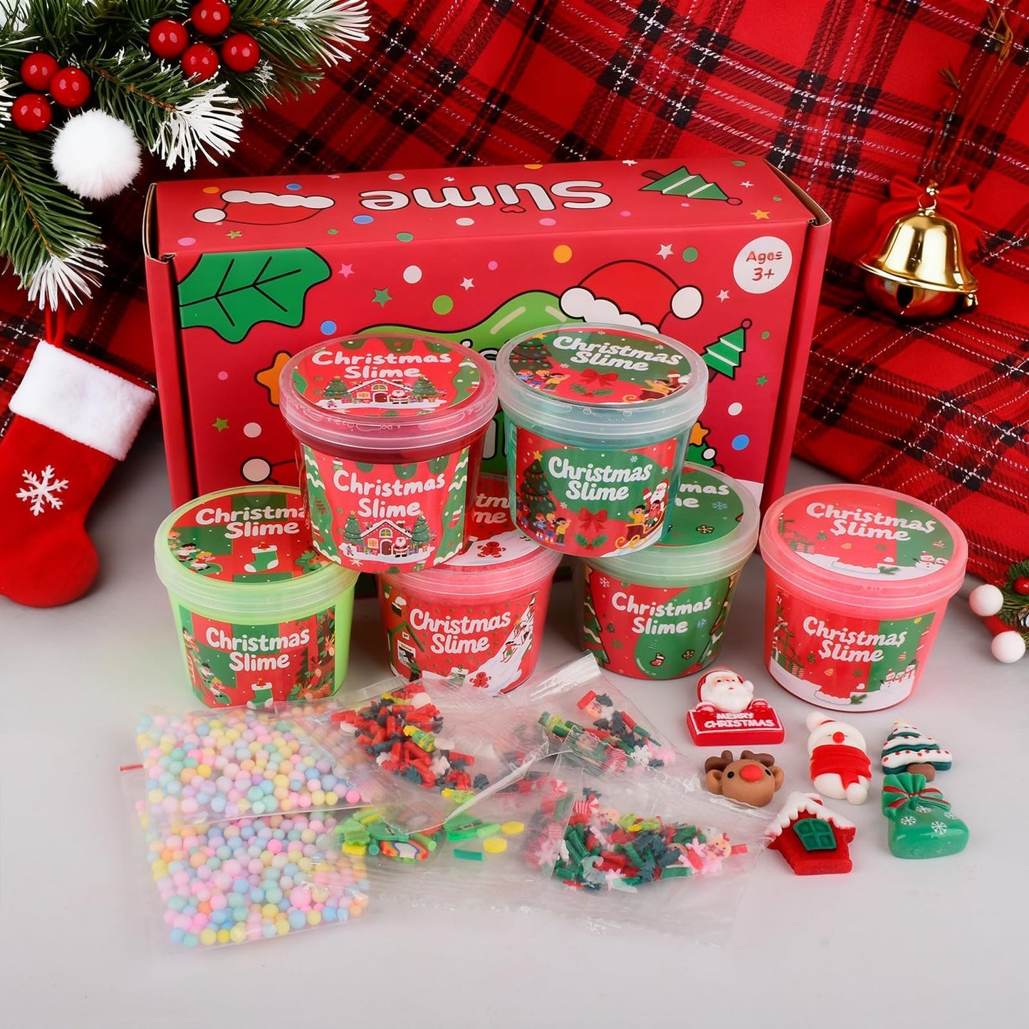 TITRITH 6 Pack Christmas Slime Stocking Stuffers, Butter Clear Cloud Slime, Sensory Stress Relief Toys for Kids, Holiday Party Favors