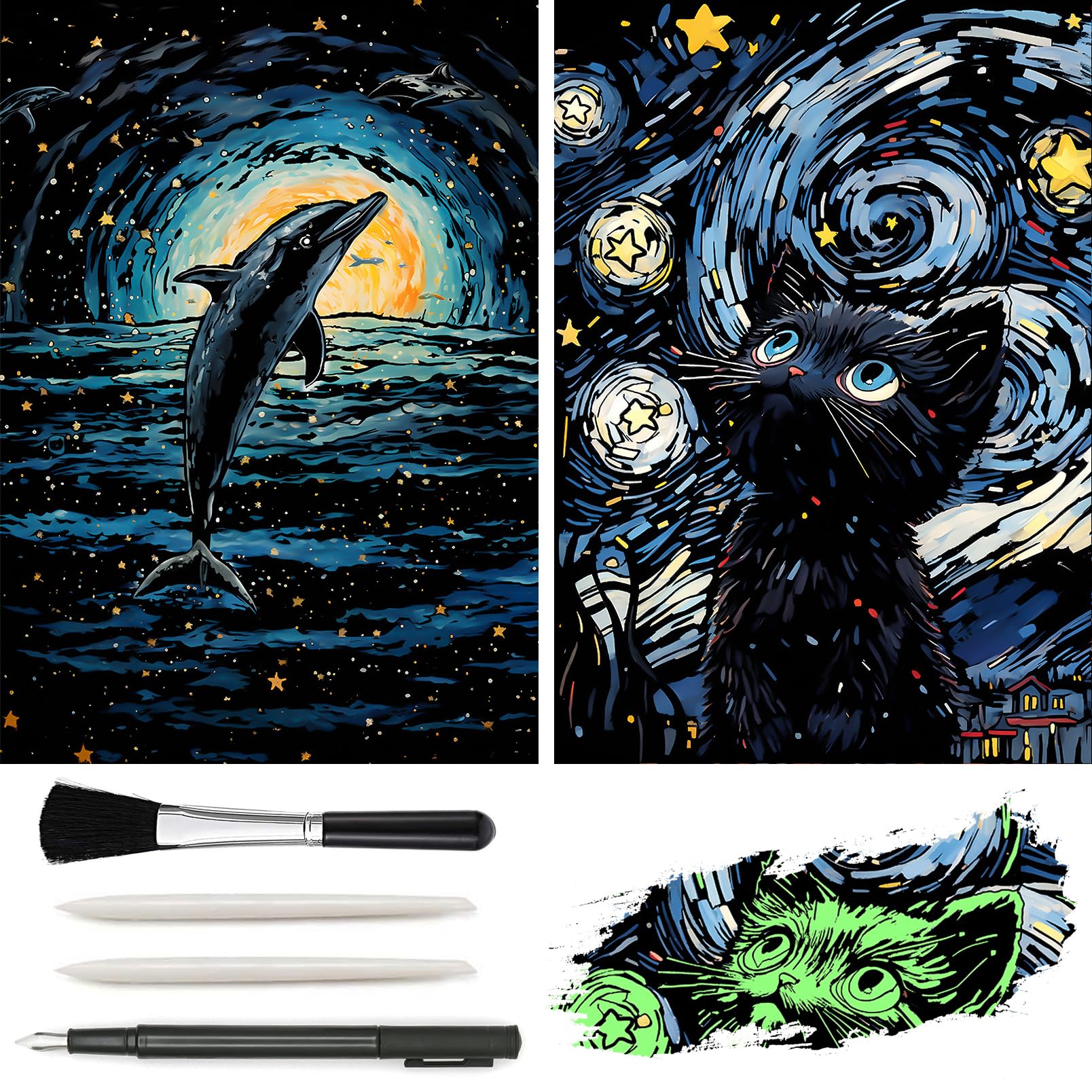 VTEAS Glow in The Dark Scratch Art Rainbow Painting Paper, 2 Pack Van Gogh Style Engraving Art Creative Craft Tools Set, Fun Mag