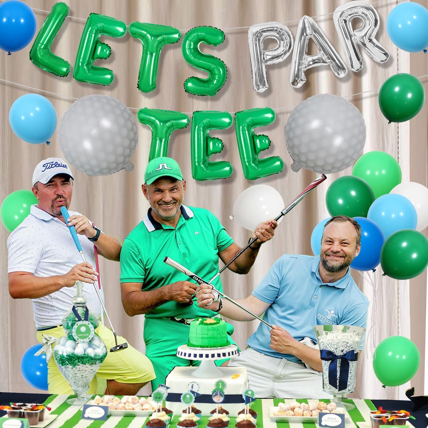JOYMEMO Golf Party Decorations for Boys Men, Blue Green Lets ParTee Balloon Banner, Golf Ball Balloons, Lets Par- tee Decor, S