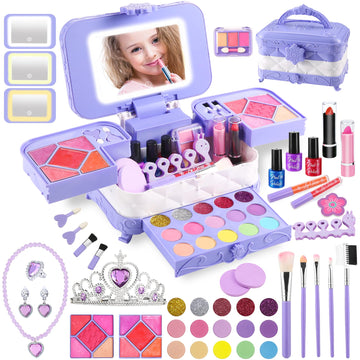 YasinKidz 59 in 1 Kids Makeup Kit, with 3-Color Led Makeup Mirror Real Washable Kid Makeup Set for Girls, Perfect Girl Birthday 