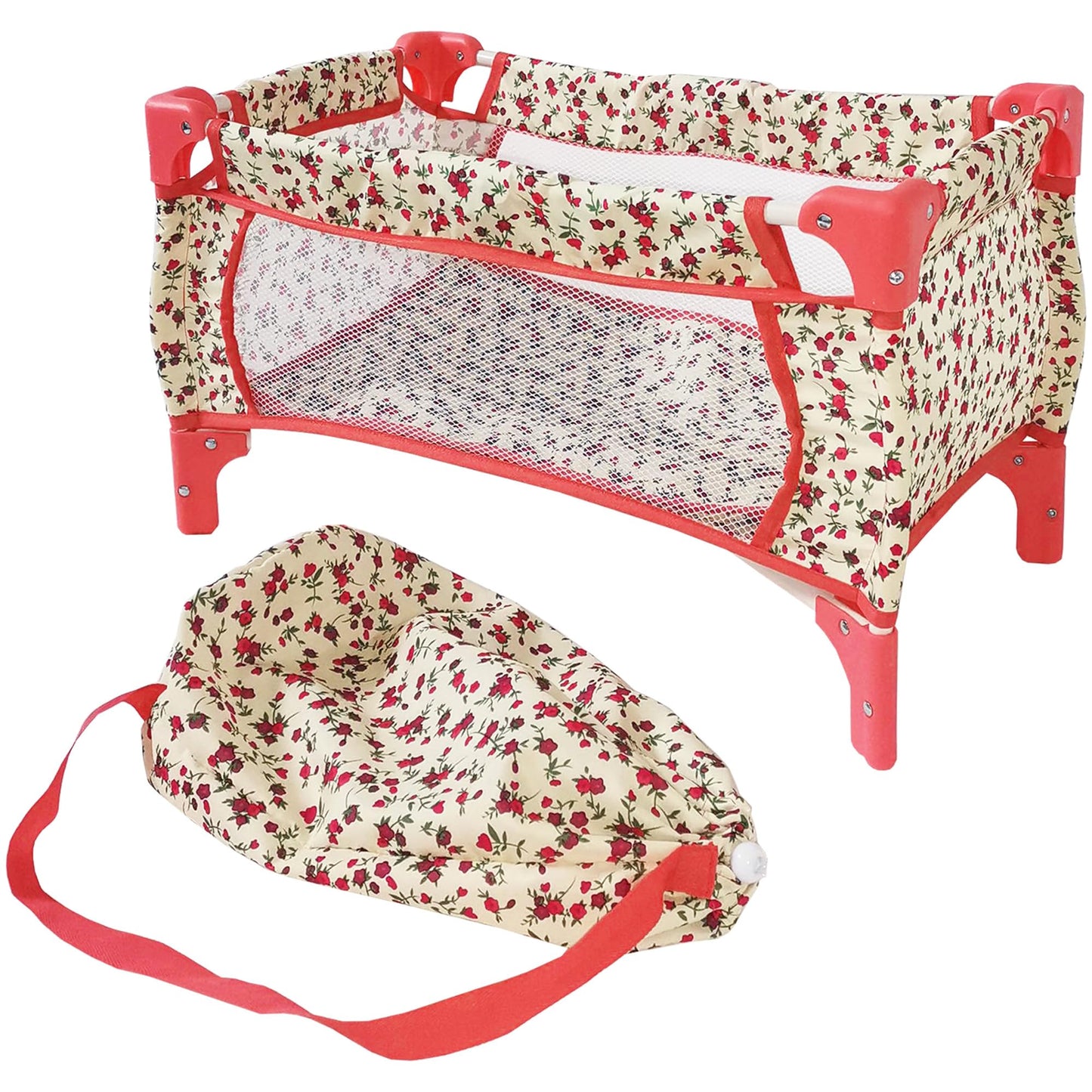 The New York Doll Collection Baby Crib Set For Little Girls, Play Bed, Pack And Beds 18 Inch Dolls, Toy Doll, (Floral)
