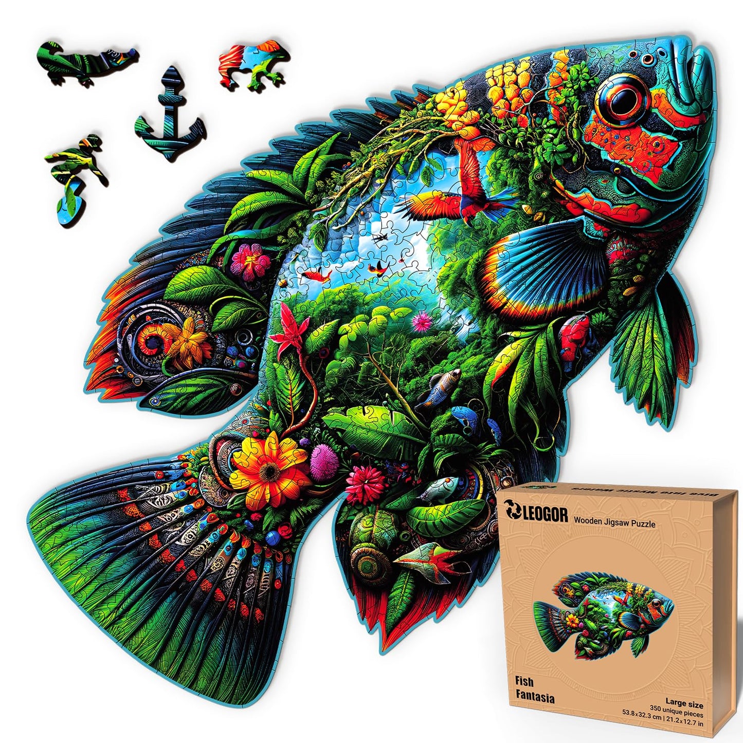 Fish Fantasia - 350 Piece Wooden Puzzles for mature-themeds - 21.2 x 12.7 in - Extra-Thick 5 mm Wood Puzzle  Hand-Shaped Pieces  Marine Life Mosaic Design - enhanced Gift for Puzzle Lovers by LEOGOR