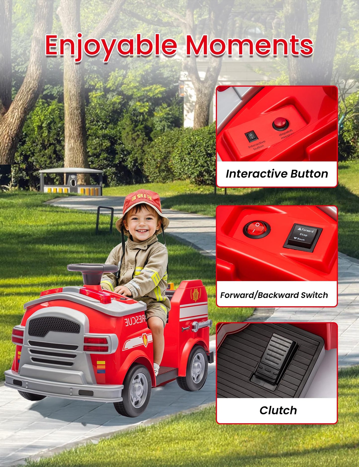 Bupplee 12V Electric Ride-On Fire Truck For Toddlers, Kids Vehicle With Toy Fire Extinguisher, Alarm Lamp, Siren-Call, Wrench Se
