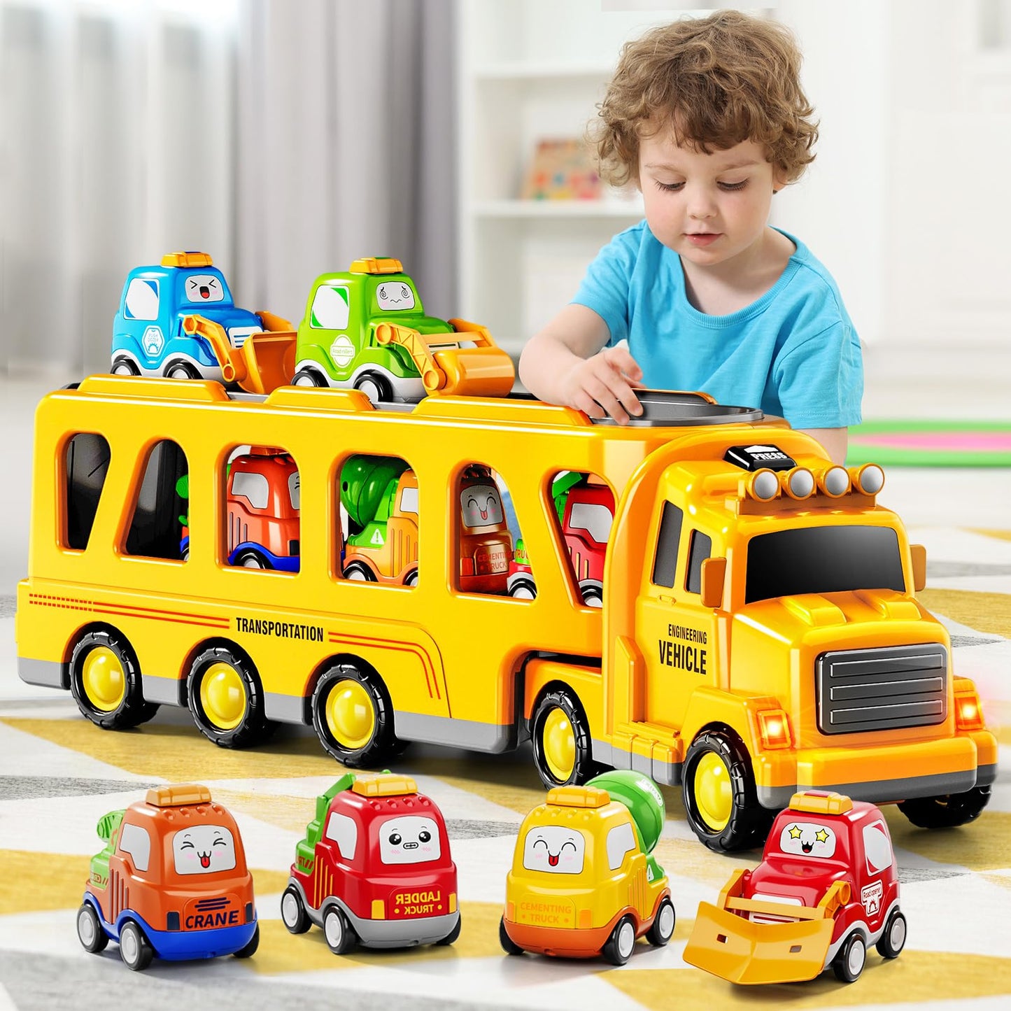 Beby Buty Boy Toddler Trucks Toys for Boys Kids, 16.9-in Longer Transport Construction Truck with 6 Cars, Car Truck Toys with Li
