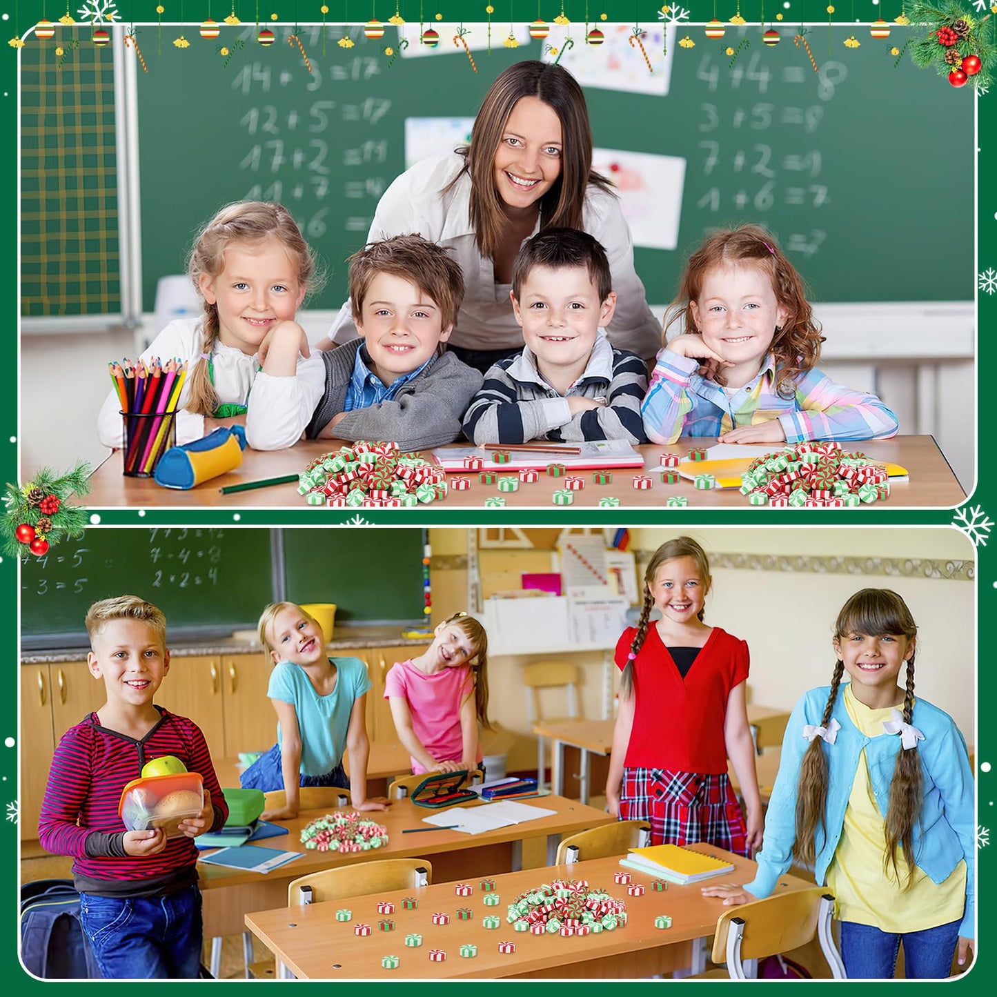 JUNEBRUSHS 150Pcs Christmas Erasers for Kids Bulk, Cute Mini Peppermint Candy Cane Pencil Erasers Novelty Holiday Erasers for St
