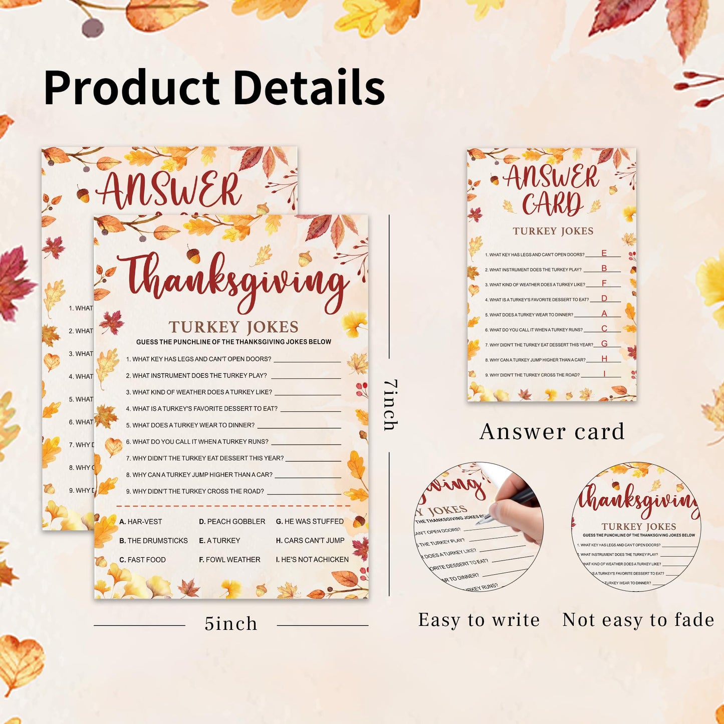 Bltgh Thanksgiving Trivia Quiz Game Cards Turkey Jokes Fall Party Activity for mature-themeds and Teens Autumn Holiday Knowledge Challenge 5x7 Inch Cards with Answer Card