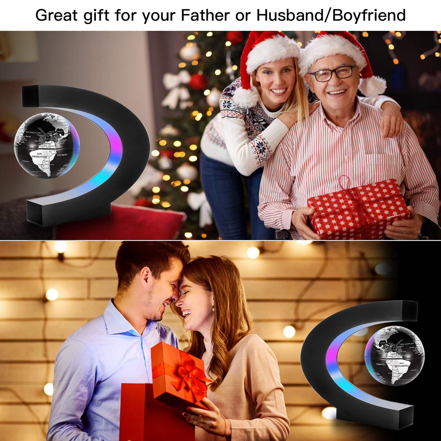 Gresus Magnetic Levitation Floating World Map Globe With C Shape Base, Floating Globe With Led Lights, Great Fathers Students Teacher Business Boyfriend Birthday Gift For Desk Decoration (Black)