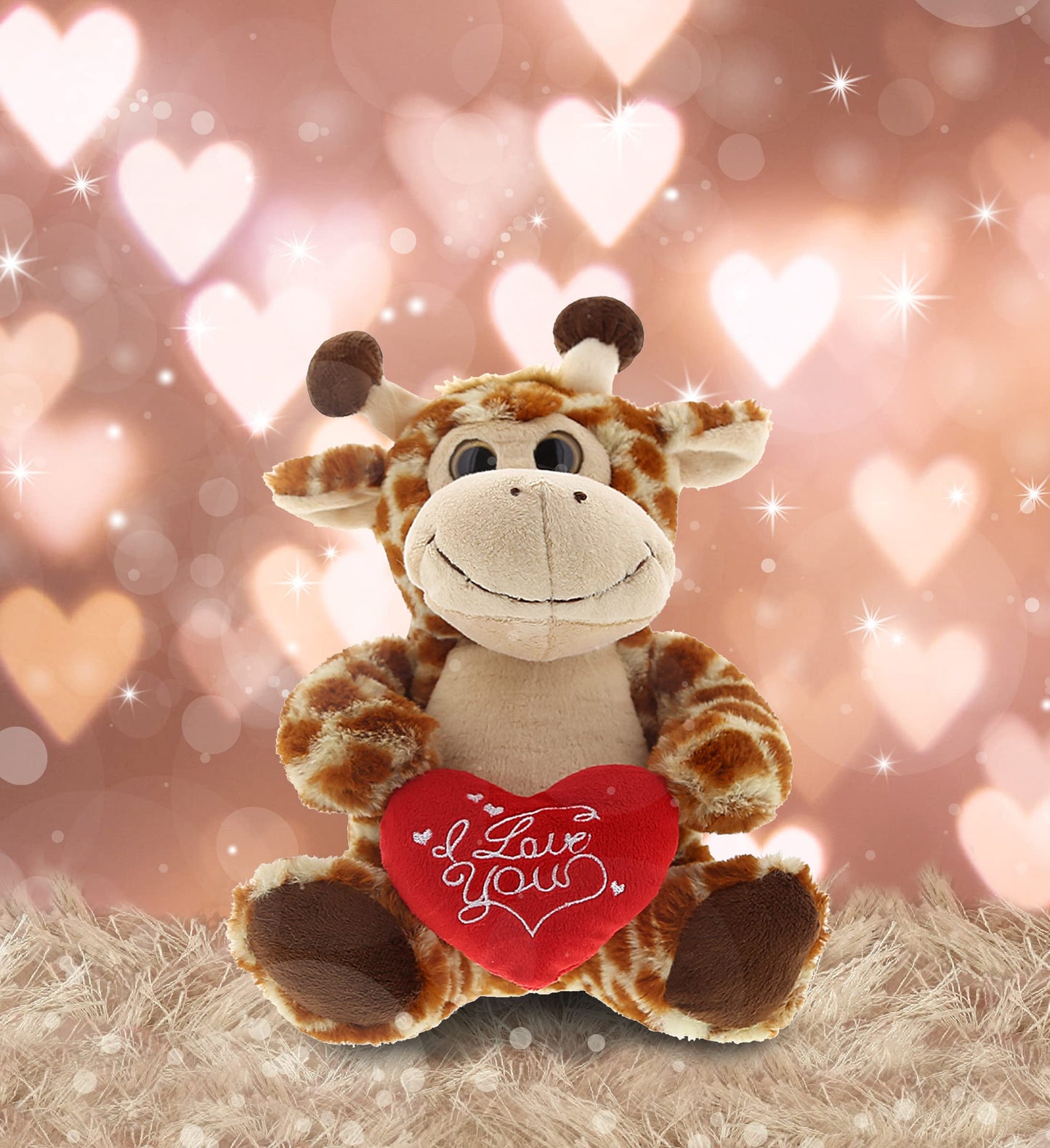 DolliBu Plush Sitting Giraffe - Cute 9" Stuffed Animal with Red Heart, Personalized Gift for Valentine's Day, Brown, Model K5191-5998-90