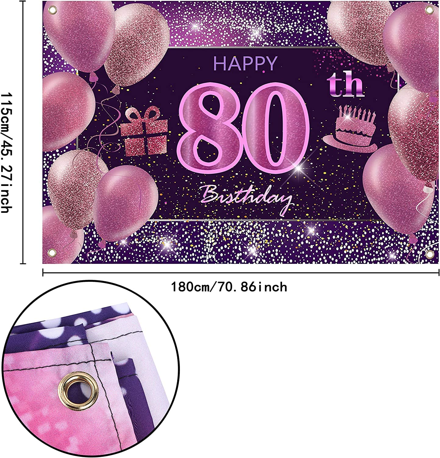 IMISI 80th Birthday Decorations - Pink Polyester Happy Birthday Banner for Women