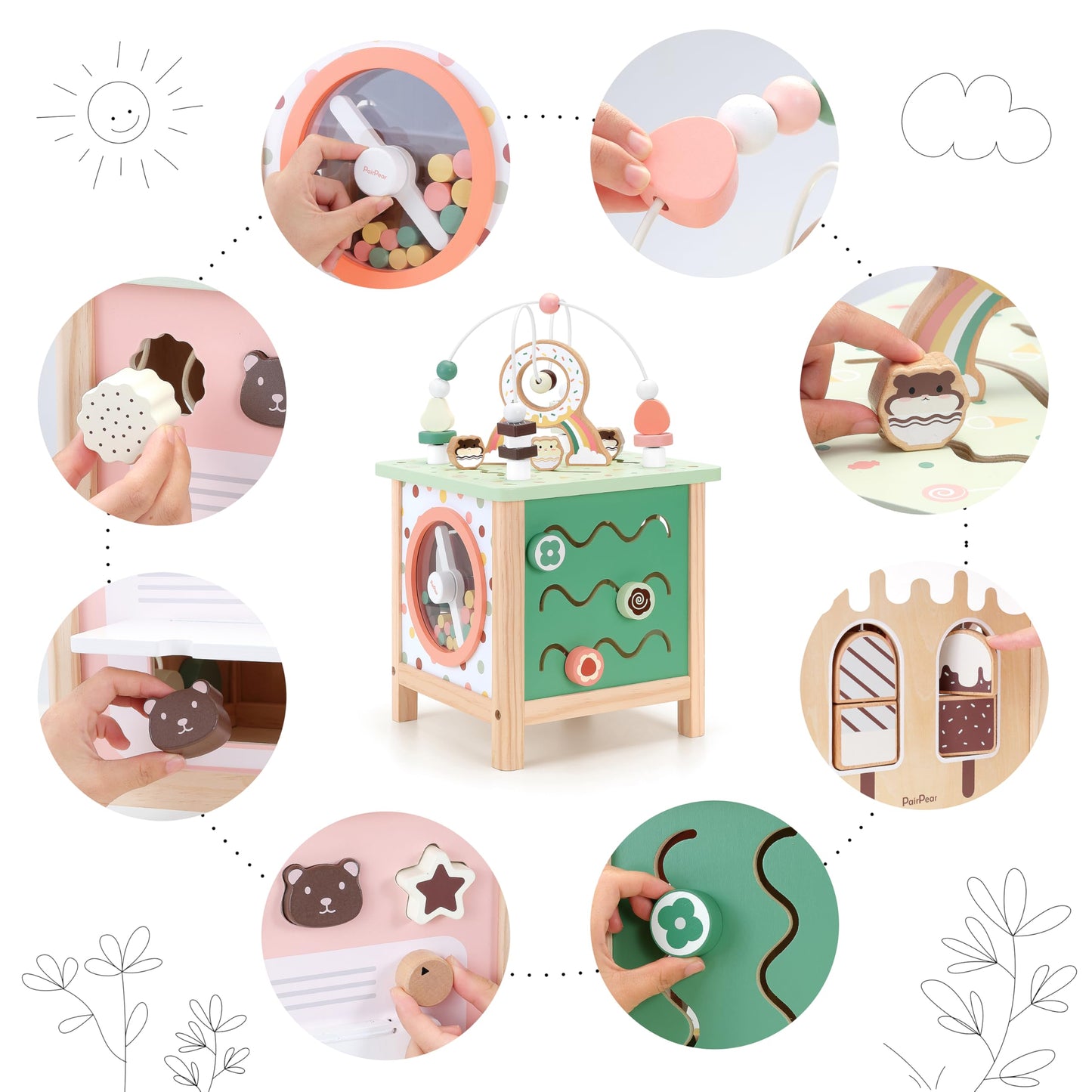 PairPear Wooden Activity Cube - Montessori Toys for Toddlers, Multifunctional Play Center, Early Educational Development, Model U15022