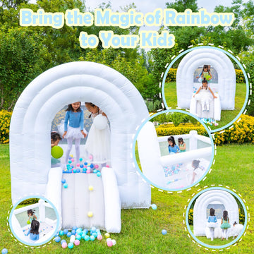 Hapyboucy Magic Rainbow Bounce House, White Bounce House With Slide, Blower Included, Kids Bouncy Castle Indoor Outdoor, 8 Ft L