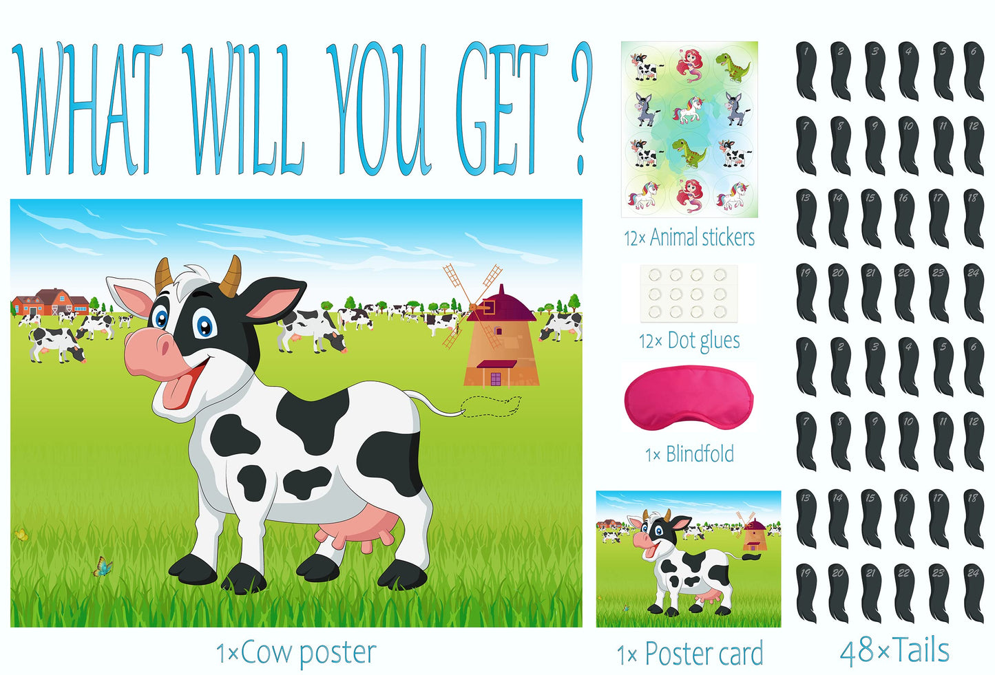 Morcheiong Pin The Tail On The Cow Game With 48Pcs Tails For Farm Party Decorations Kids Birthday Party Favors Western Party Supplies